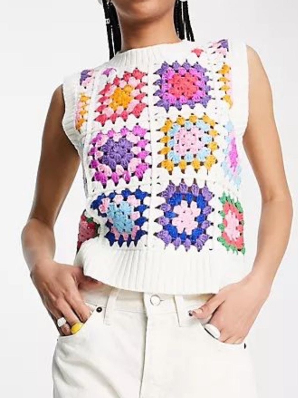 Bershka /ASOS White Crochet Tank Top with Multicolor Granny Squares